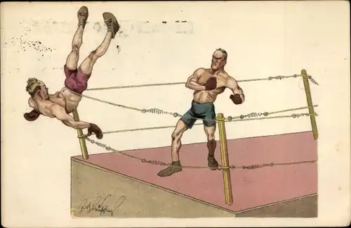 Künstler Ak Schönpflug, Fritz, Boxkampf, Boxer hängt in den Seilen