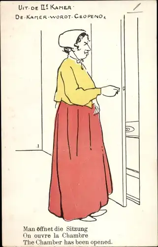 Künstler Ak Niederlande, Frau geht auf die Toilette, Uit de IIe Kamer, De Kamer wordt Geopend