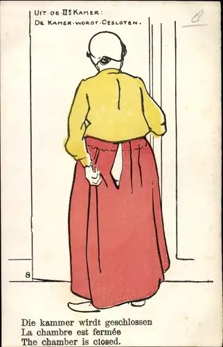 Künstler Ak Niederlande, Frau geht auf die Toilette, Uit de IIe Kamer, De Kamer wordt gesloten