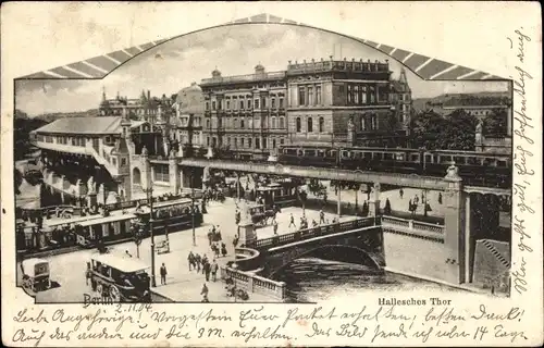 Ak Berlin Kreuzberg, Hallesches Tor, Straßenbahnen, Brücke, Hochbahn