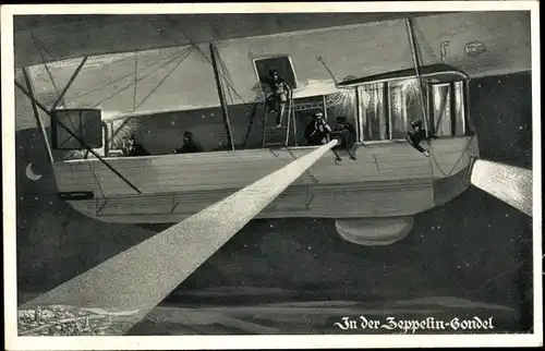 Künstler Ak In der Zeppelin Gondel, Flutlichter, Nacht, Luftschiff