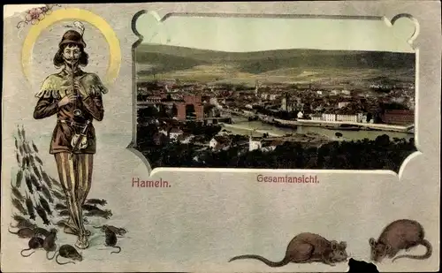 Ak Hameln an der Weser Niedersachsen, Gesamtansicht, Rattenfänger von Hameln