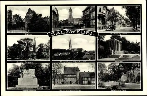 Ak Salzwedel in der Altmark, Steintor, Marienkirche, Ehrenmal, Schulenburg Park