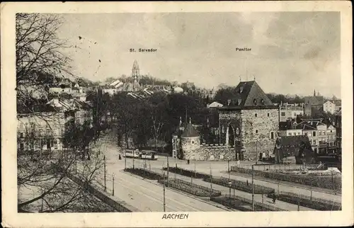 Ak Aachen in Nordrhein Westfalen, St. Salvador, Ponttor, Straßenbahn