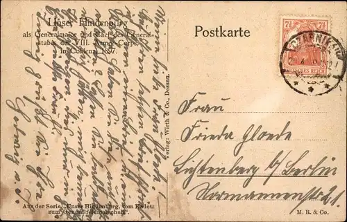 Ak Generalfeldmarschall Paul von Hindenburg,Portrait als Generalmajor und Chef VIII Armee Korps 1897