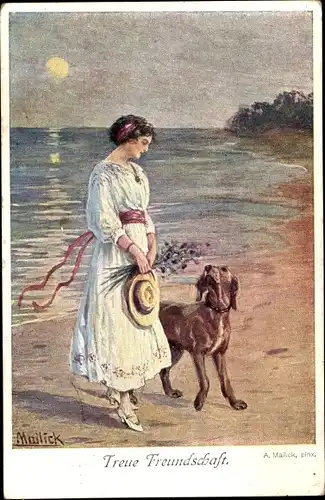 Künstler Ak Mailick, A., Treue Freundschaft, Frau mit Hund am Strand