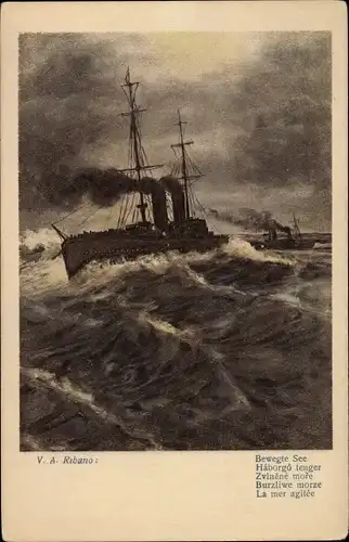 Künstler Ak Ribano, Bewegte See, Österreichisches Kriegsschiff, Küstenverteidiger