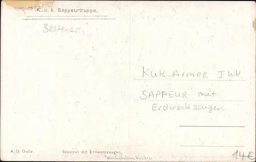 Künstler Ak KuK Sappeurtruppe, KuK Soldat mit Spitzhacke