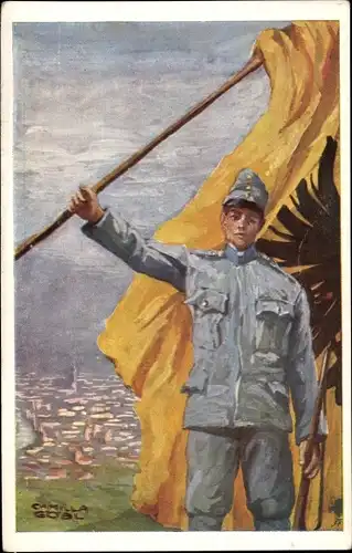 Künstler Ak KuK Armee, Soldat mit Flagge