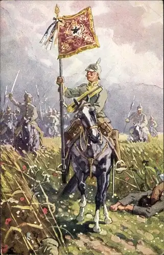 Künstler Ak Leibkürassier Regiment Großer Kurfürst sammelt sich um althistorische Standarte