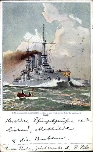 Künstler Ak Stöwer, Willy, Deutsches Kriegsschiff, SMS Zähringen, Linienschiff