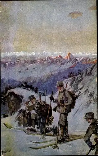 Künstler Ak Singer, Albert, Schneeschuhläufer Patrouille, Soldaten auf Skiern