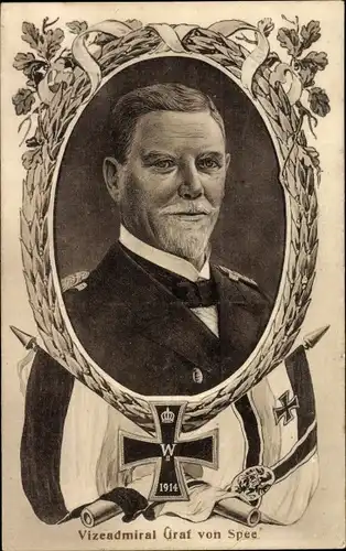Ak Vizeadmiral Maximilian Graf von Spee, Portrait, Eisernes Kreuz, Fahnen