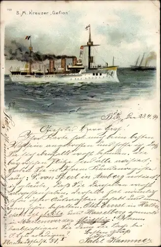 Künstler Litho Deutsches Kriegsschiff, SMS Gefion, Kreuzer, Kaiserliche Marine