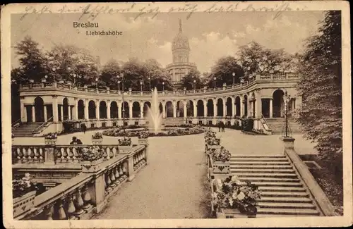 Ak Wrocław Breslau Schlesien, Liebichshöhe, Arkadengang, Fontäne