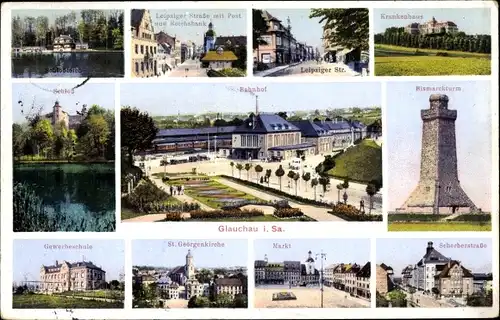 Ak Glauchau in Sachsen, Schloß, Bismarckturm, Markt, Scherbergstraße, Krankenhaus