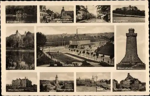 Ak Glauchau in Sachsen, Bismarckturm, Krankenhaus, Gewerbeschule, Georgenkirche, Schloss