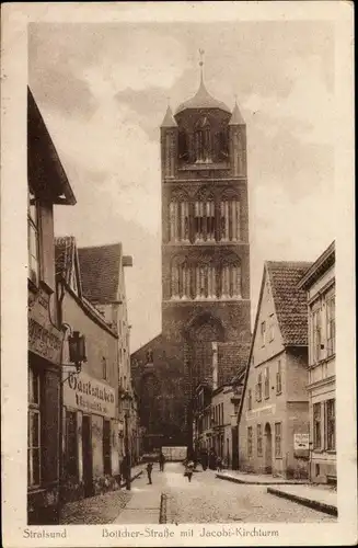 Ak Stralsund in Vorpommern, Böttcher-Straße mit Jacobi-Kirche, Gaststuben