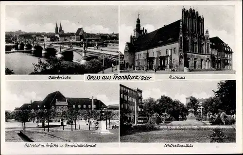 Ak Frankfurt an der Oder, Oderbrücke, Rathaus, Bahnhof mit Brücke, Dominikdenkmal, Wilhelmsplatz