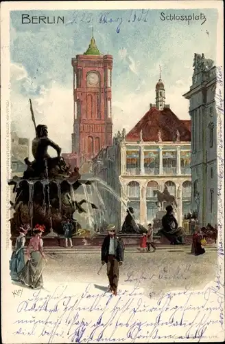 Künstler Litho Kley, Heinrich, Berlin Mitte, Schlossplatz, Neptunbrunnen, Rathaus