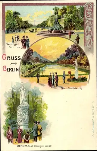Litho Berlin Tiergarten, Wrangelbrunnen, Goldfischteich, Denkmal Königin Luise