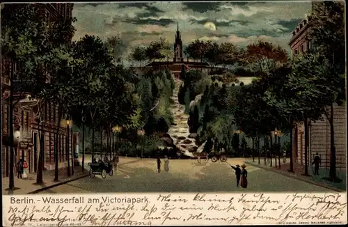 Litho Berlin Kreuzberg, Wasserfall am Victoriapark, Nachtansicht