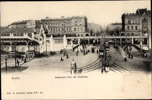 Ak Berlin Kreuzberg, Hallesches Tor mit Hochbahn, Straßenbahnen, Kutschen