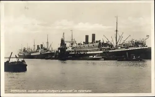 Ak Bremerhaven, Dampfer im Hafen, Bremen, Stuttgart, Roosevelt, Norddeutscher Lloyd