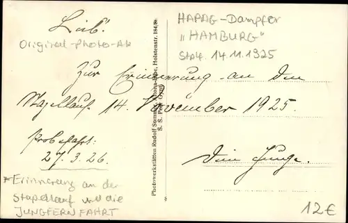 Foto Ak Dampfer Hamburg, HAPAG, Erinnerung an Stapellauf 19256