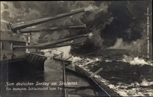 Ak Zum deutschen Seesieg am Skagerrak, deutsches Schlachtschiff beim Feuern, I WK