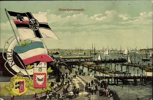 Ak Kiel in Schleswig Holstein, Strandpromenade, Fahnen, Hafenpartie