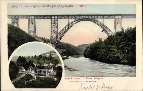 Ak Müngsten an der Wupper Wuppertal, Kaiser Wilhelm Brücke, Hotel Restaurant Fr. Henke