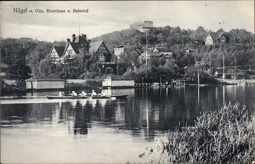 Ak Hügel Essen im Ruhrgebiet, Villa, Bootshaus, Bahnhof, Ruderboot