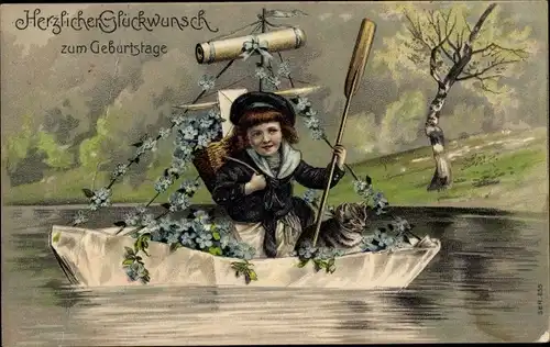Präge Ak Glückwunsch Geburtstag, Kind im Ruderboot, Katze, Vergissmeinnicht, Birke