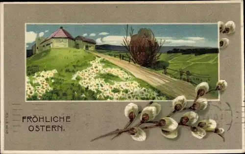Präge Ak Glückwunsch Ostern, Weidenkätzchen, Dorfpartie