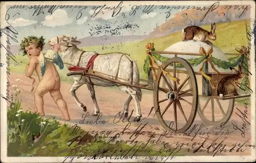 Litho Osterhase, Fuhrwerk, Osterei, Engel, Lamm, Ostern