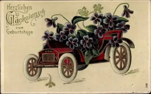 Präge Ak Glückwunsch Geburtstag, Automobil, Veilchen