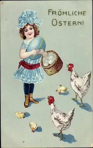 Litho Glückwunsch Ostern, Mädchen mit Eiern, Hühner, Küken