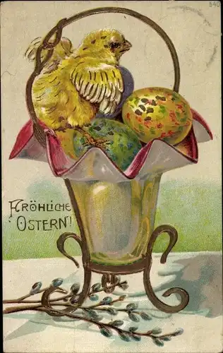 Präge Ak Glückwunsch Ostern, Küken, Ostereier, Weidenkätzchen