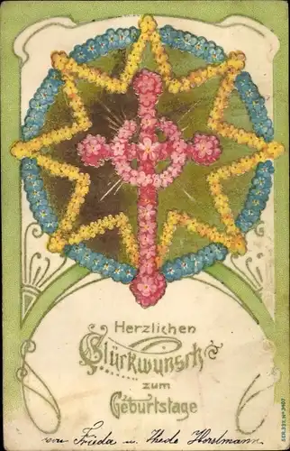 Präge Litho Glückwunsch Geburtstag, Blumen, Kreuz, Vergissmeinnicht