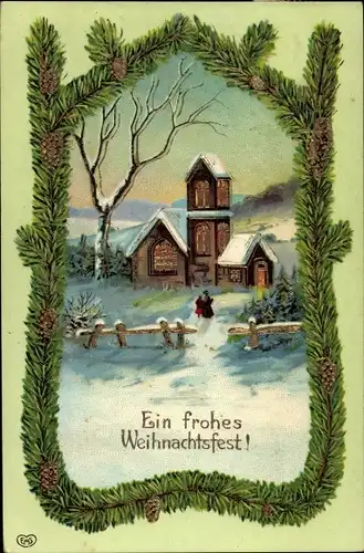 Passepartout Ak Glückwunsch Weihnachten, Kirche, Tannenzweige