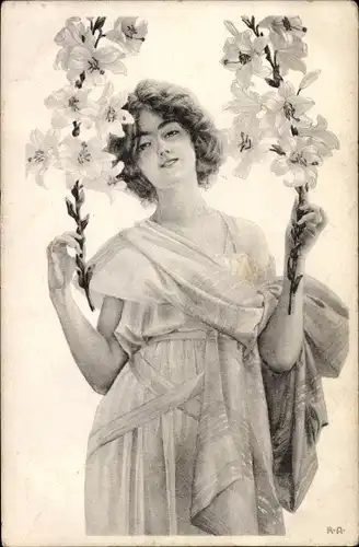Ak Portrait einer Frau mit weißen Blumen, Kleid