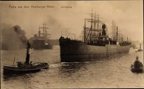 Ak Hamburg, Hafen, Dampfer, Schleppzug