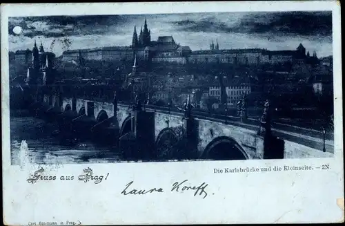 Mondschein Ak Praha Prag Tschechien, Karlsbrücke und die Kleinseite