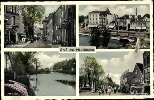 Ak Neumünster in Holstein, Lütjenstraße, Teich, Großflecken, Kieler Brücke