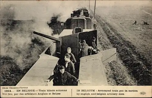 Ak Belgien, Armoured train put in motion by english and belgian artillery men, I WK