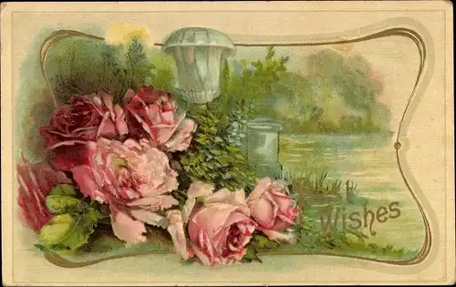 Präge Litho Glückwunsch, Best Wishes, Rosenblüten