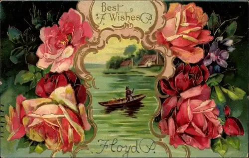 Ak Glückwunsch, Best wishes, Ruderboot, Rosen, Blüten