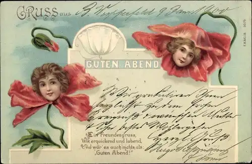 Litho Guten Abend, Mädchenportraits in Mohnblüten