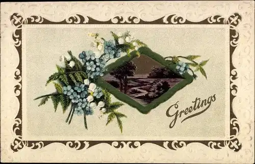 Präge Litho Greetings, Vergissmeinnicht, Landschaft